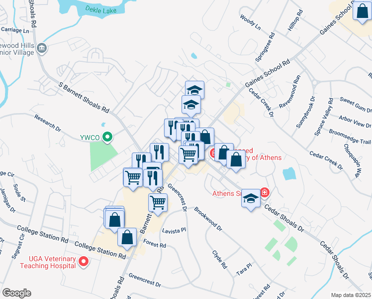map of restaurants, bars, coffee shops, grocery stores, and more near 1040 Gaines School Road in Athens