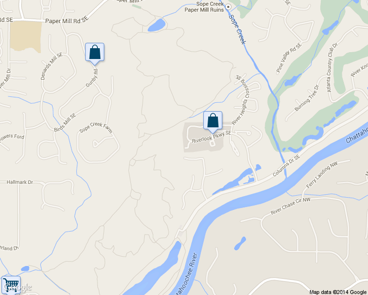 map of restaurants, bars, coffee shops, grocery stores, and more near 702 Riverview Drive in Marietta