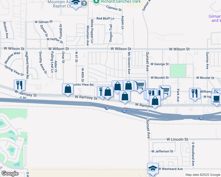 map of restaurants, bars, coffee shops, grocery stores, and more near 3800 West Jacinto View Road in Banning
