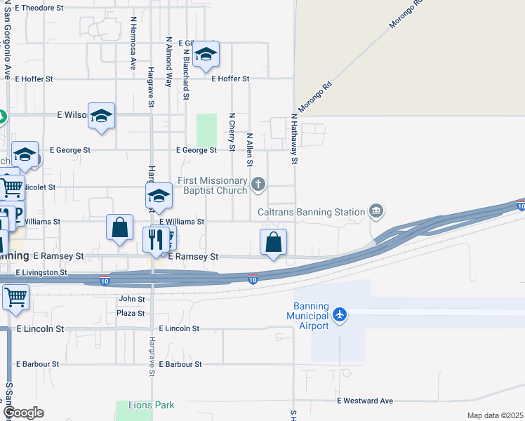 map of restaurants, bars, coffee shops, grocery stores, and more near 263 North Evans Street in Banning