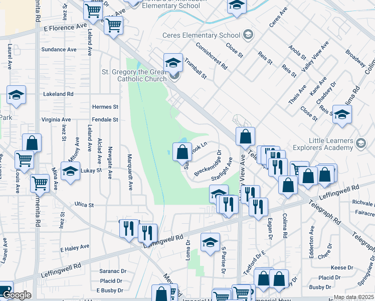 map of restaurants, bars, coffee shops, grocery stores, and more near 11531 Sunnybrook Lane in Whittier