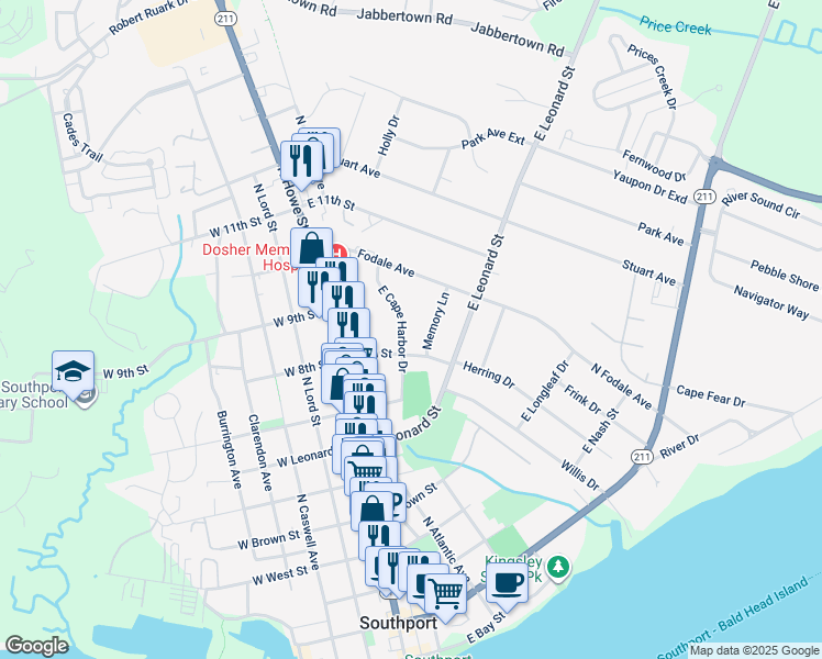 map of restaurants, bars, coffee shops, grocery stores, and more near 808 East Cape Harbor Drive in Southport