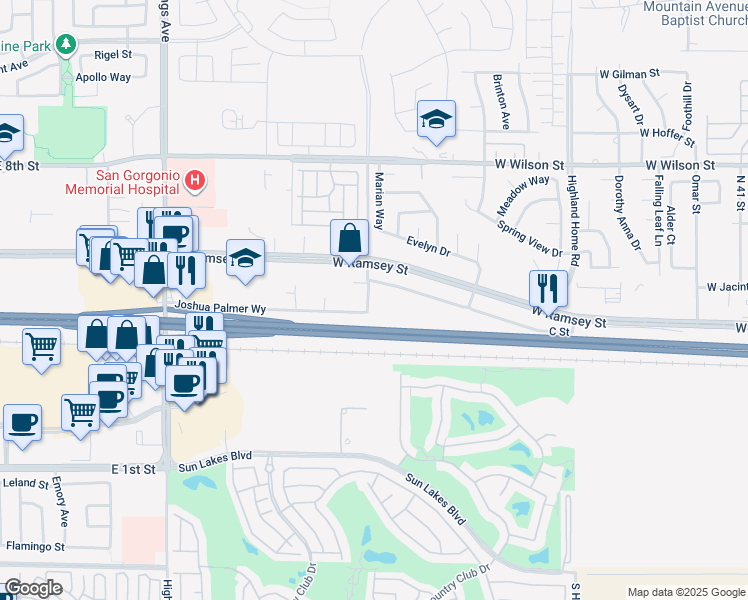 map of restaurants, bars, coffee shops, grocery stores, and more near 298 Apex Avenue in Banning