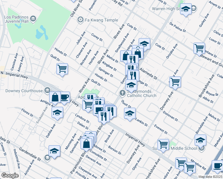 map of restaurants, bars, coffee shops, grocery stores, and more near 7939 Quill Drive in Downey