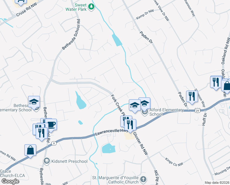 map of restaurants, bars, coffee shops, grocery stores, and more near 2705 Windstream Way Northwest in Lawrenceville