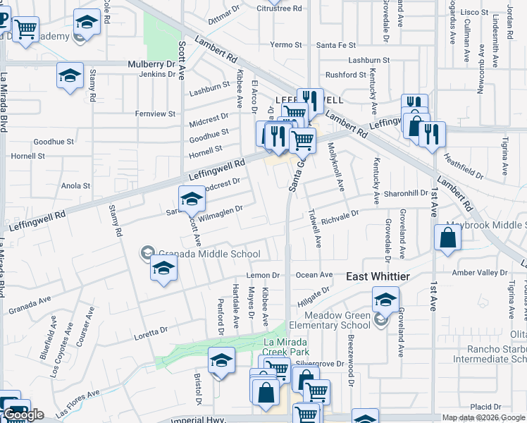 map of restaurants, bars, coffee shops, grocery stores, and more near 15604 Sharon Hill Drive in Whittier