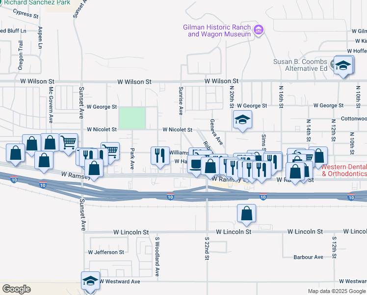 map of restaurants, bars, coffee shops, grocery stores, and more near 246 Sunrise Avenue in Banning