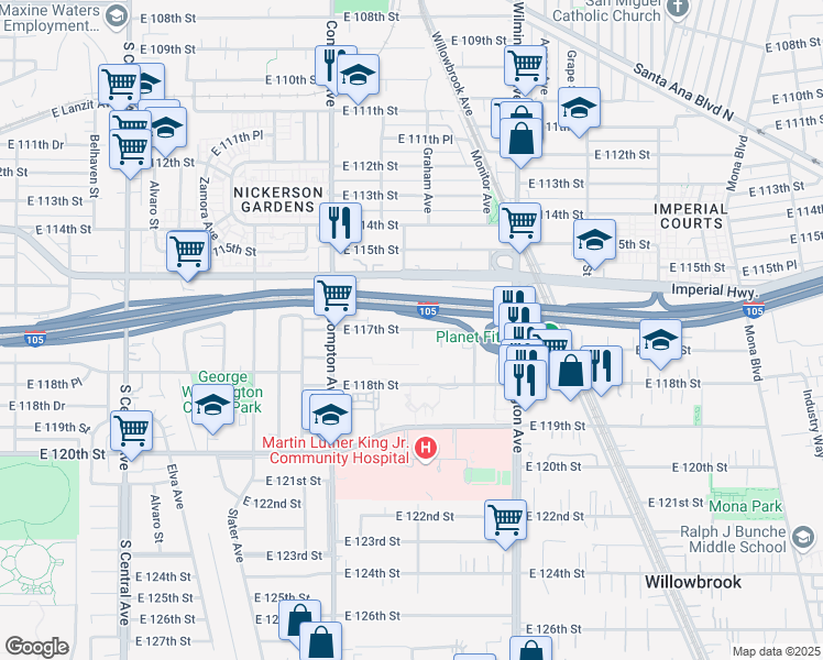 map of restaurants, bars, coffee shops, grocery stores, and more near 1700 East 117th Street in Los Angeles