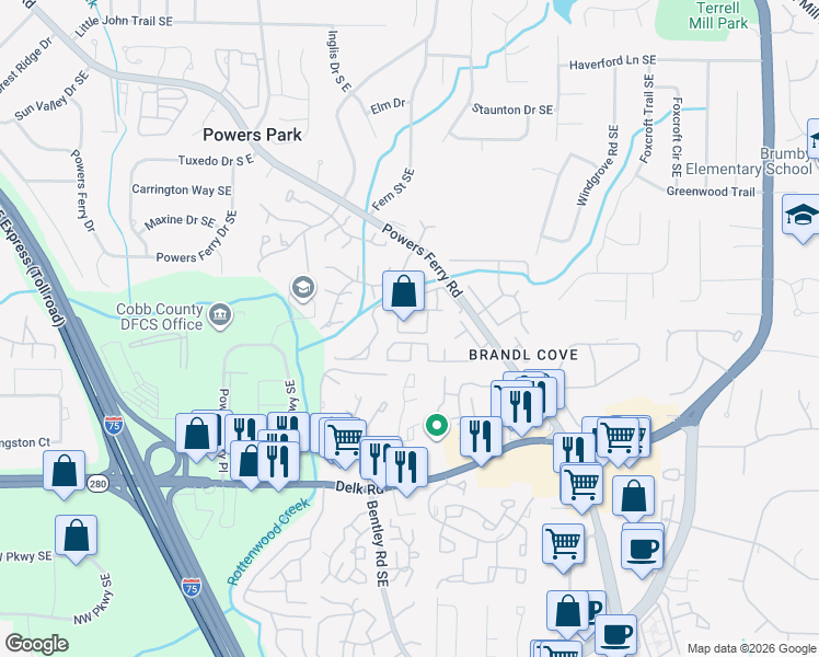 map of restaurants, bars, coffee shops, grocery stores, and more near 1151 Roselawn Lane Southeast in Marietta