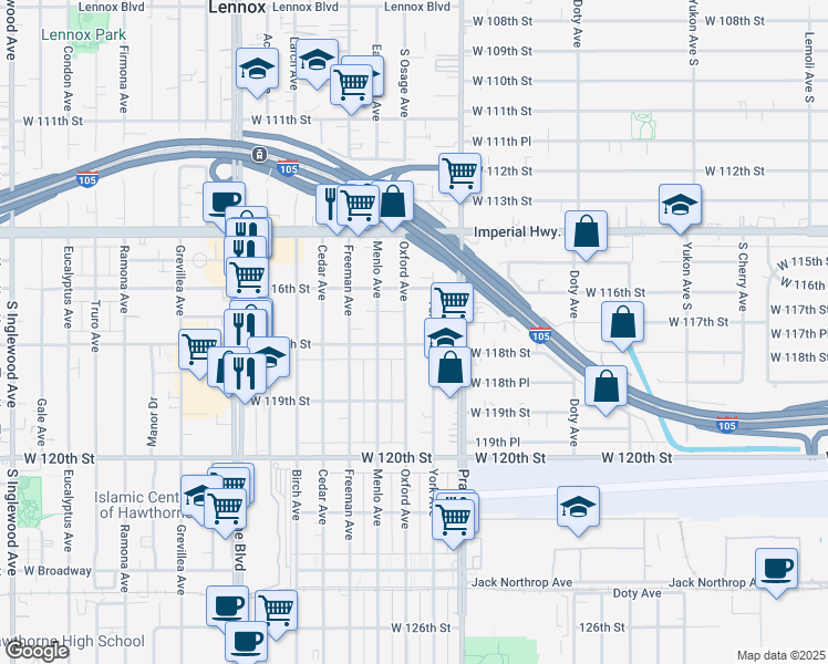 map of restaurants, bars, coffee shops, grocery stores, and more near 11716 Oxford Avenue in Hawthorne