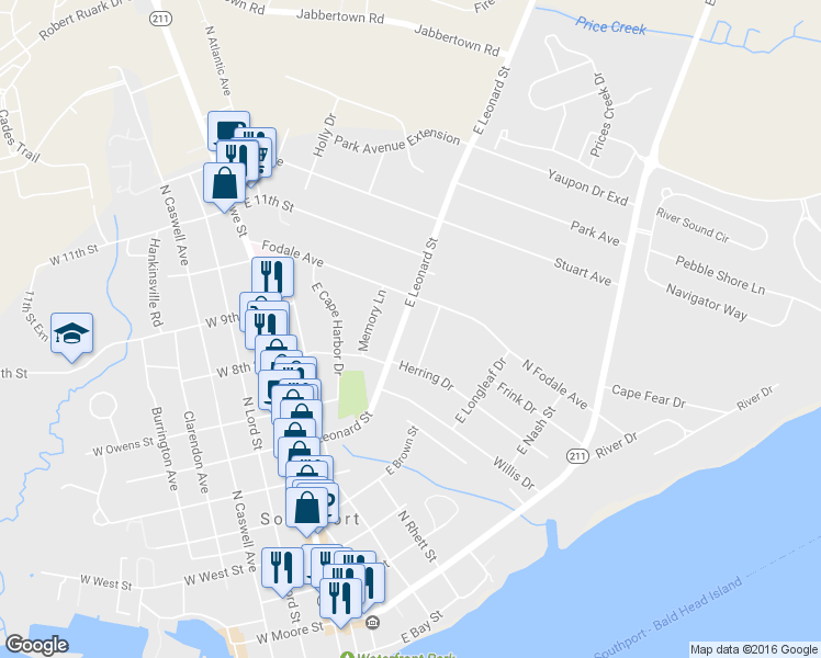 map of restaurants, bars, coffee shops, grocery stores, and more near 414 East Leonard Street in Southport