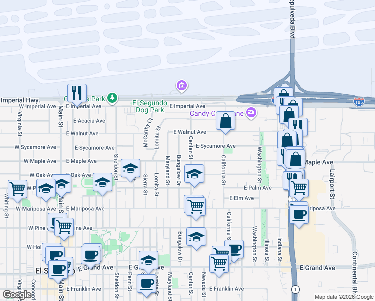 map of restaurants, bars, coffee shops, grocery stores, and more near 764 Bungalow Drive in El Segundo