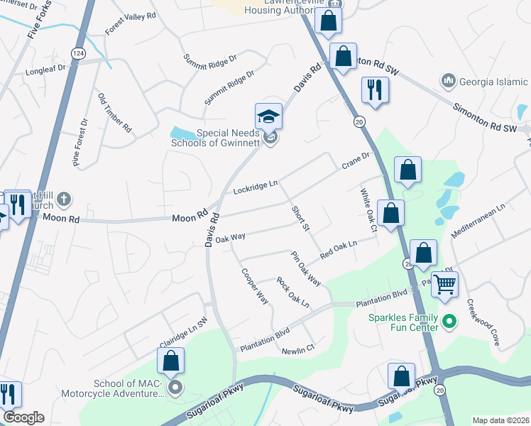 map of restaurants, bars, coffee shops, grocery stores, and more near 535 Oak Way in Lawrenceville