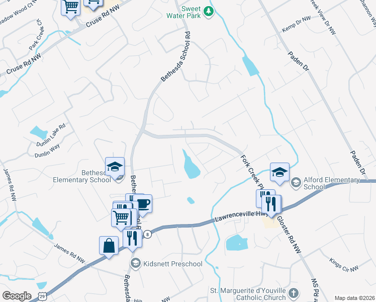 map of restaurants, bars, coffee shops, grocery stores, and more near 602 Autumn Shore Drive in Lawrenceville