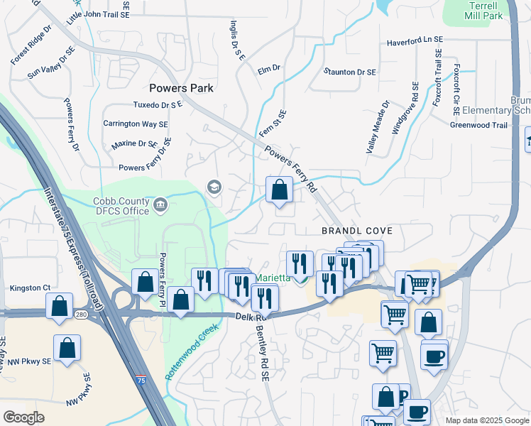 map of restaurants, bars, coffee shops, grocery stores, and more near 2674 Greentree Drive Southeast in Marietta