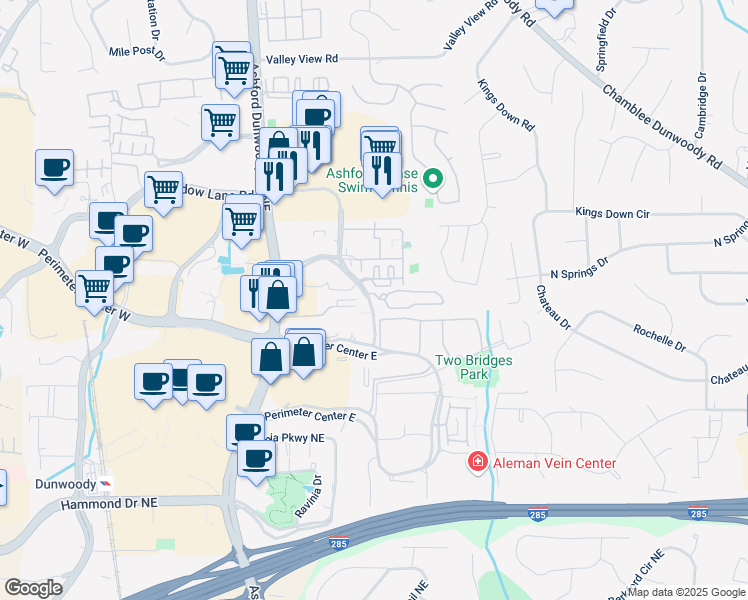 map of restaurants, bars, coffee shops, grocery stores, and more near 2000 Asbury Square in Dunwoody