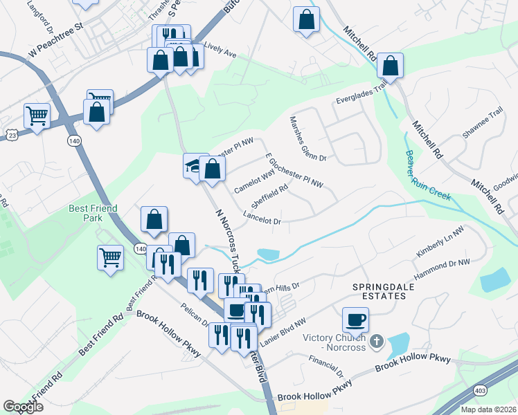 map of restaurants, bars, coffee shops, grocery stores, and more near 723 Sheffield Road in Norcross