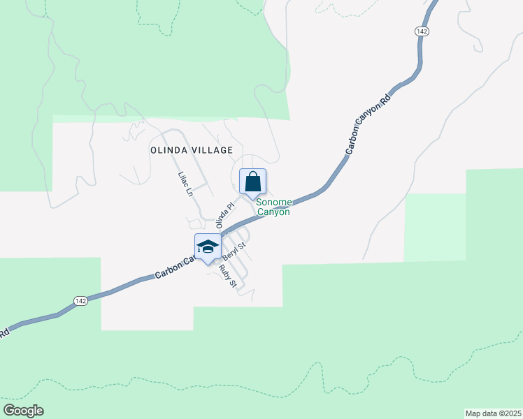 map of restaurants, bars, coffee shops, grocery stores, and more near 102 Olinda Drive in Brea