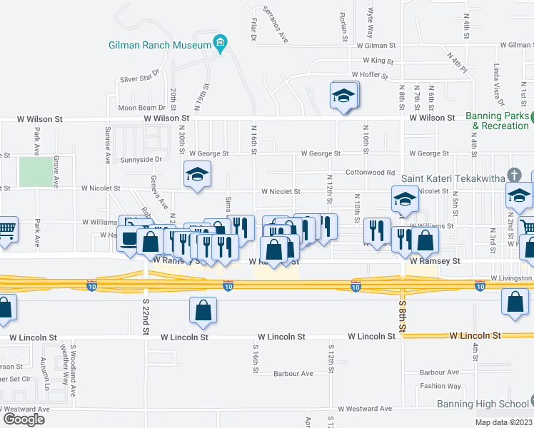 map of restaurants, bars, coffee shops, grocery stores, and more near 1532 West Jacinto View Road in Banning