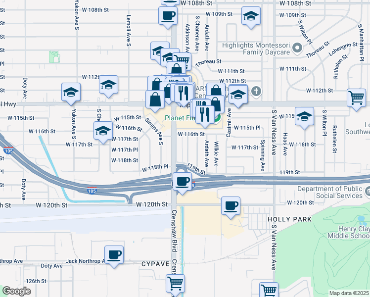 map of restaurants, bars, coffee shops, grocery stores, and more near 11703 Atkinson Avenue in Hawthorne