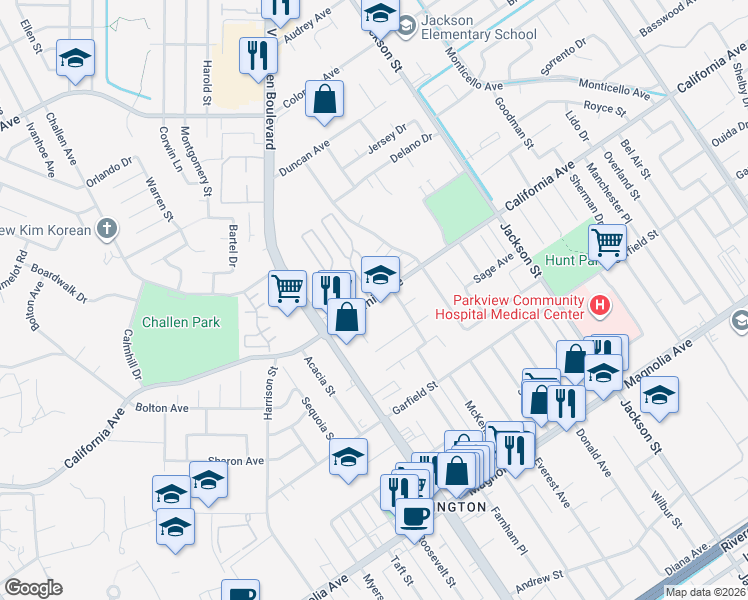 map of restaurants, bars, coffee shops, grocery stores, and more near 9390 California Avenue in Riverside