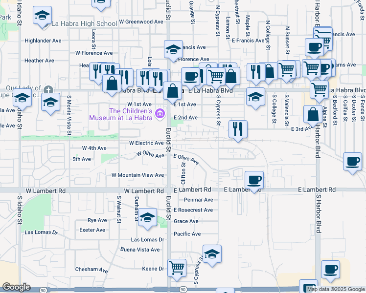 map of restaurants, bars, coffee shops, grocery stores, and more near 107 East Knox Drive in La Habra