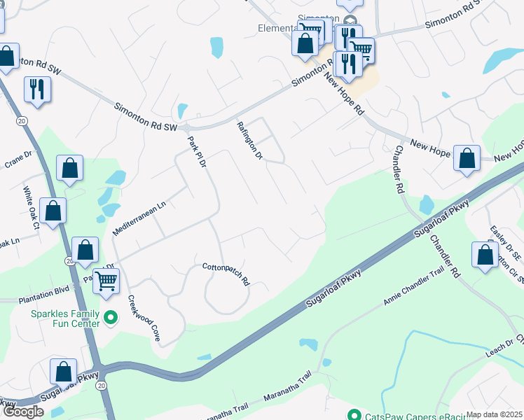 map of restaurants, bars, coffee shops, grocery stores, and more near 1102 Waverly Drive in Lawrenceville