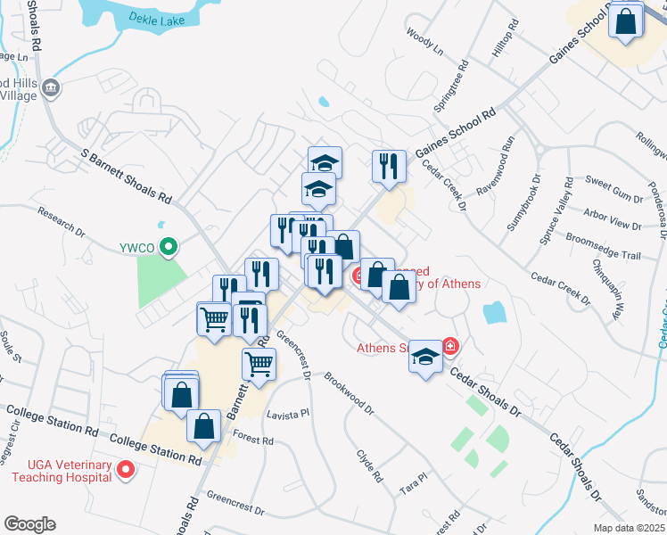 map of restaurants, bars, coffee shops, grocery stores, and more near 987 Gaines School Road in Athens