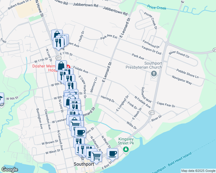 map of restaurants, bars, coffee shops, grocery stores, and more near 415 Mitchell Street in Southport