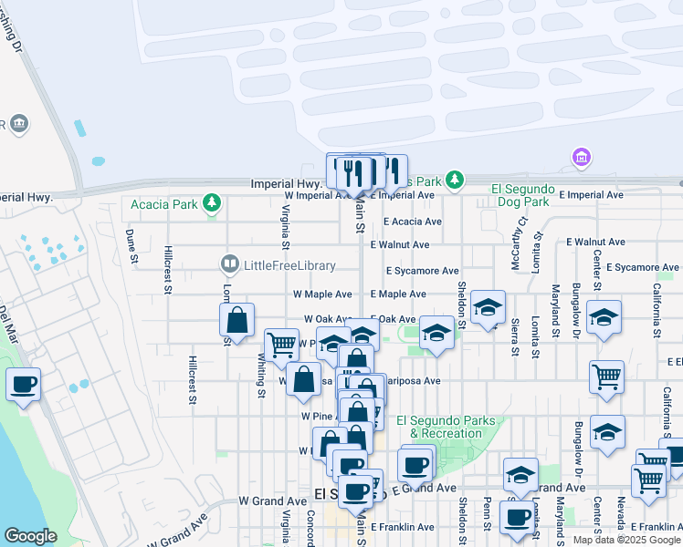 map of restaurants, bars, coffee shops, grocery stores, and more near 214 West Walnut Avenue in El Segundo