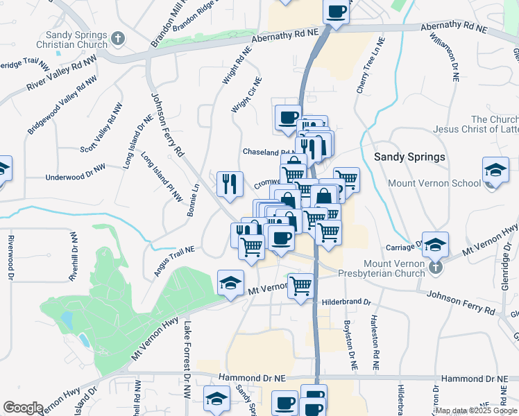 map of restaurants, bars, coffee shops, grocery stores, and more near 6332 North Hampton Drive Northeast in Atlanta