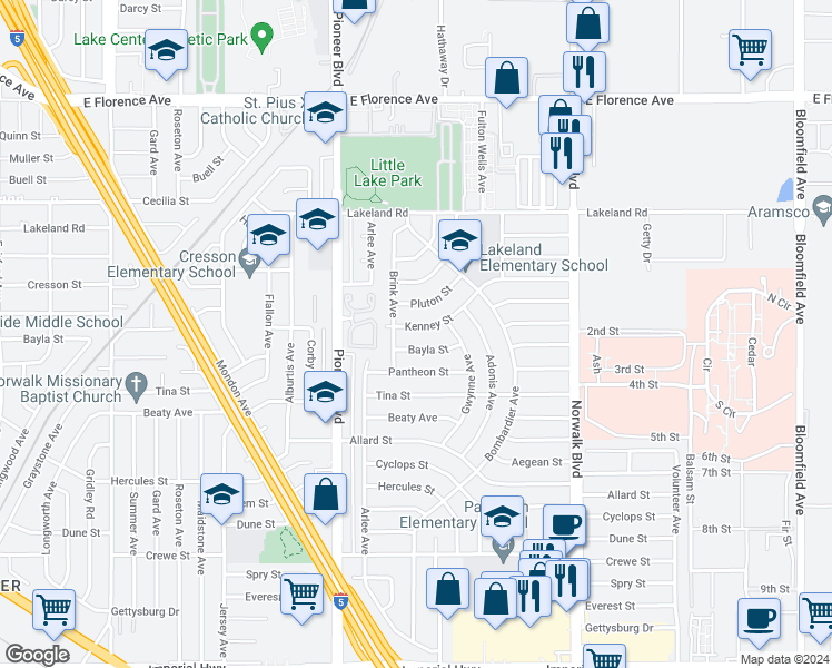 map of restaurants, bars, coffee shops, grocery stores, and more near 11922 Kenney Street in Norwalk