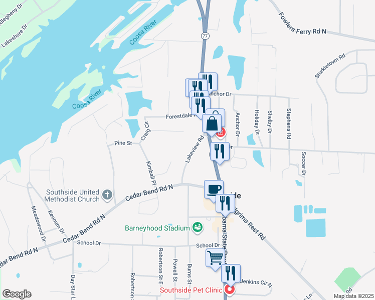 map of restaurants, bars, coffee shops, grocery stores, and more near 1780 Lakeview Road in Gadsden
