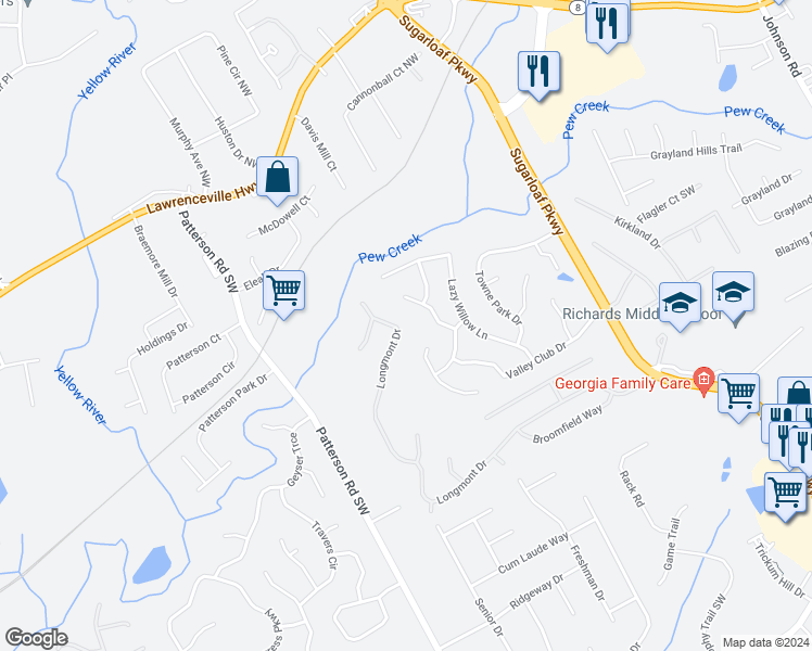 map of restaurants, bars, coffee shops, grocery stores, and more near 2357 Longmont Drive in Lawrenceville