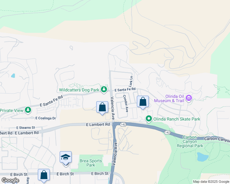 map of restaurants, bars, coffee shops, grocery stores, and more near 3607 Falcon Way in Brea