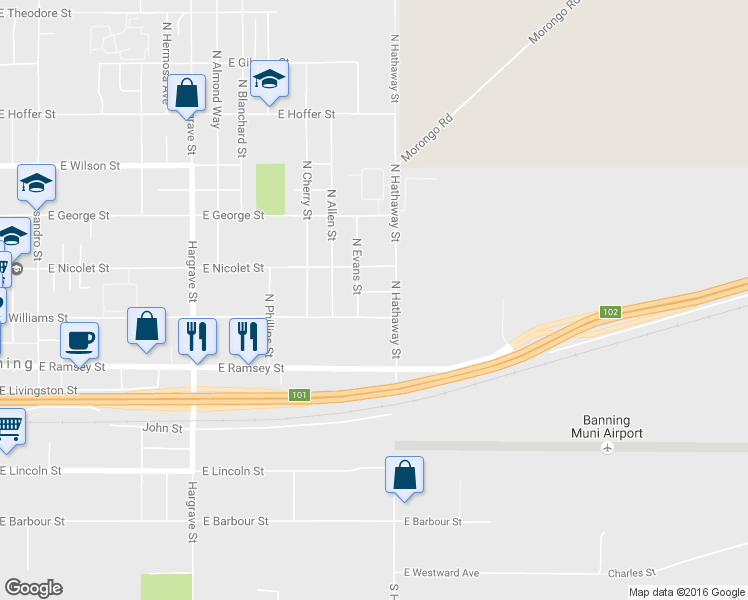 map of restaurants, bars, coffee shops, grocery stores, and more near 1481 East Jacinto View Road in Banning