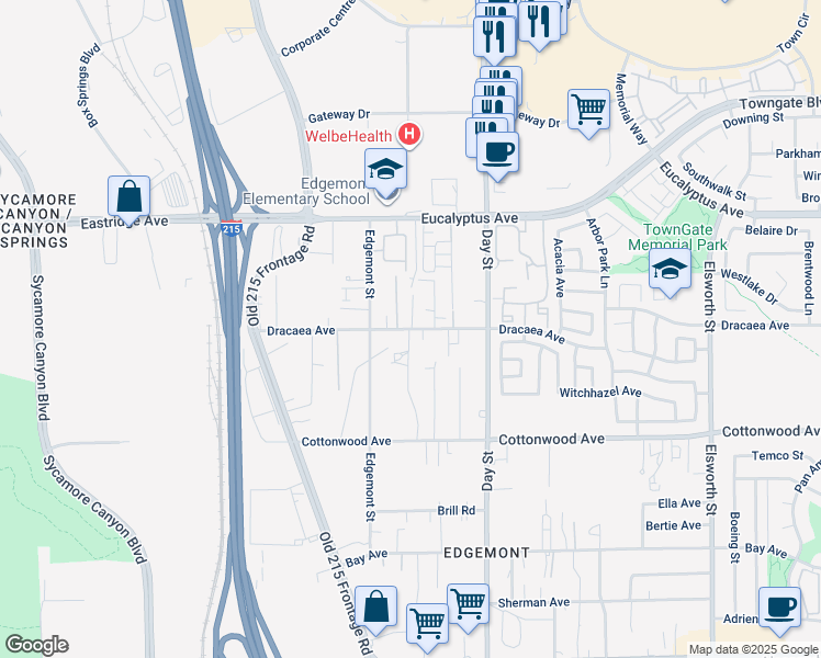 map of restaurants, bars, coffee shops, grocery stores, and more near 21794 Dracaea Avenue in Moreno Valley