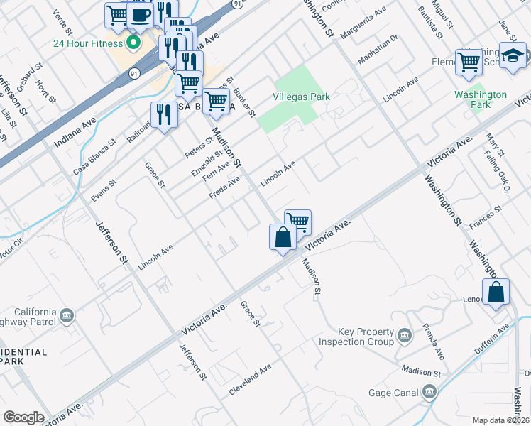 map of restaurants, bars, coffee shops, grocery stores, and more near in Riverside