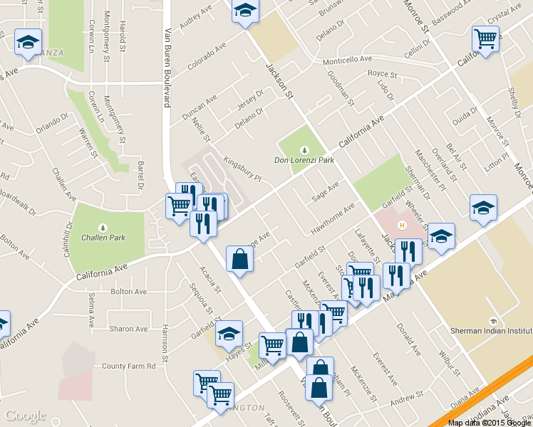 map of restaurants, bars, coffee shops, grocery stores, and more near 9342 California Avenue in Riverside