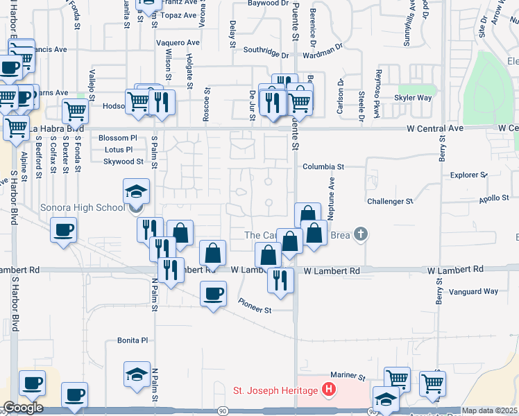 map of restaurants, bars, coffee shops, grocery stores, and more near 625 Crest Lake Circle in Brea