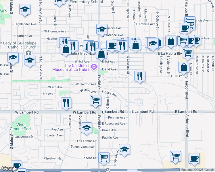 map of restaurants, bars, coffee shops, grocery stores, and more near 395 South Murcia Court in La Habra