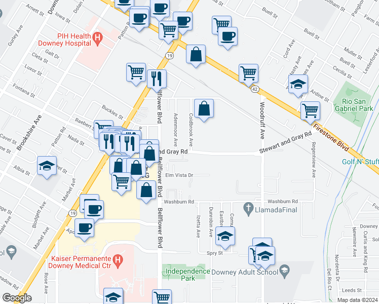 map of restaurants, bars, coffee shops, grocery stores, and more near 11744 Adenmoor Avenue in Downey