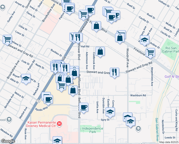 map of restaurants, bars, coffee shops, grocery stores, and more near 11744 Adenmoor Avenue in Downey
