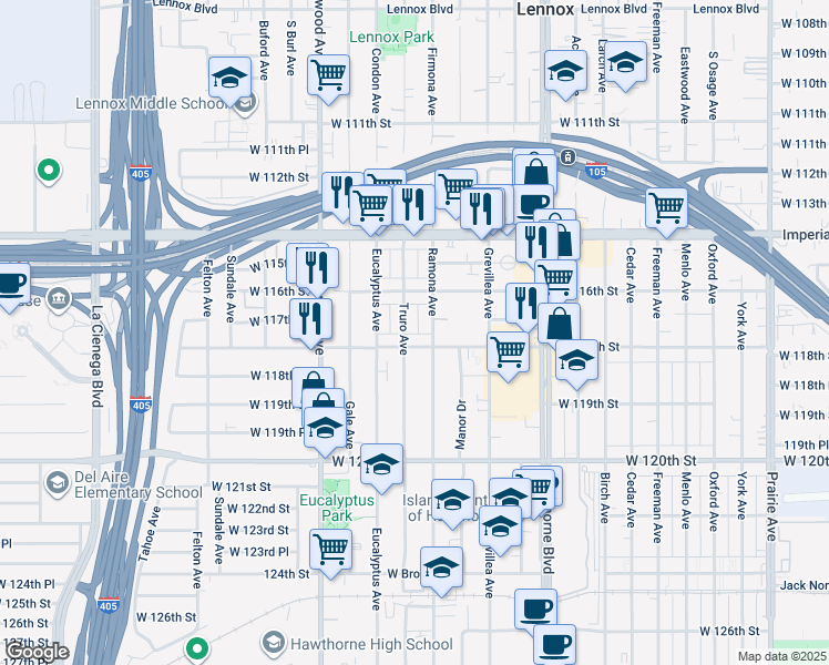 map of restaurants, bars, coffee shops, grocery stores, and more near 11627 Ramona Avenue in Hawthorne