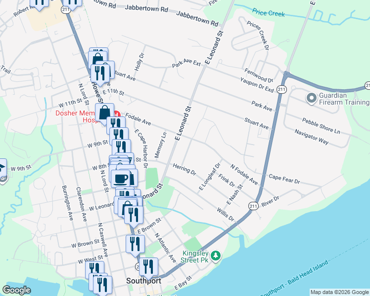 map of restaurants, bars, coffee shops, grocery stores, and more near 415 Mitchell Street in Southport