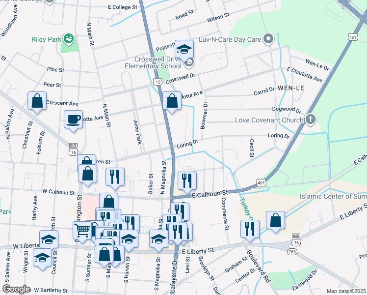 map of restaurants, bars, coffee shops, grocery stores, and more near 102 White Oak Park in Sumter