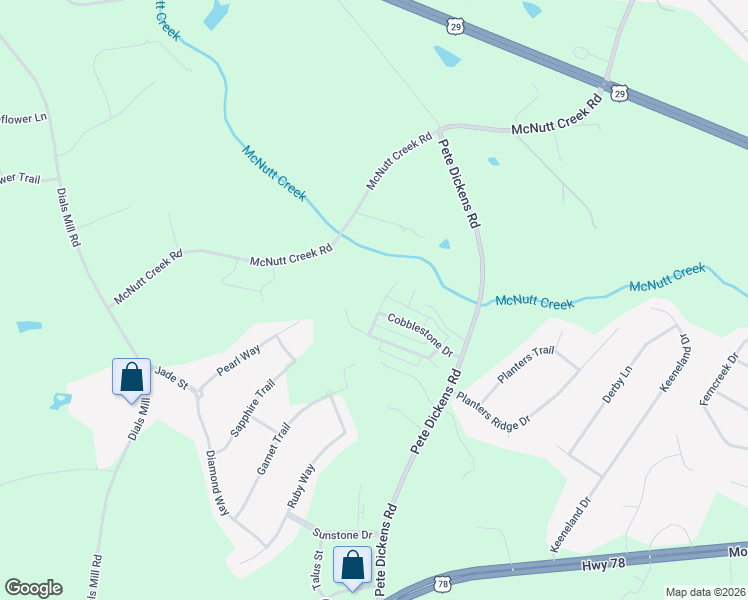 map of restaurants, bars, coffee shops, grocery stores, and more near 1051 Cobblestone Way in Bogart