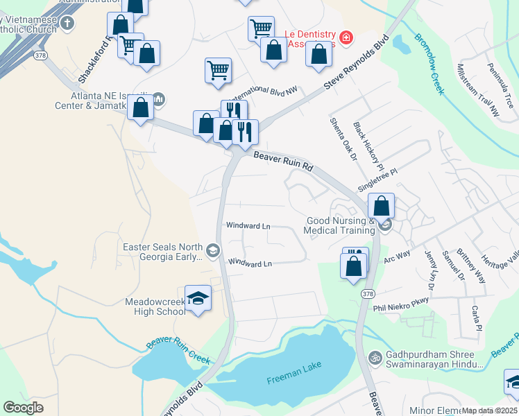 map of restaurants, bars, coffee shops, grocery stores, and more near 4418 Redgate Road in Norcross