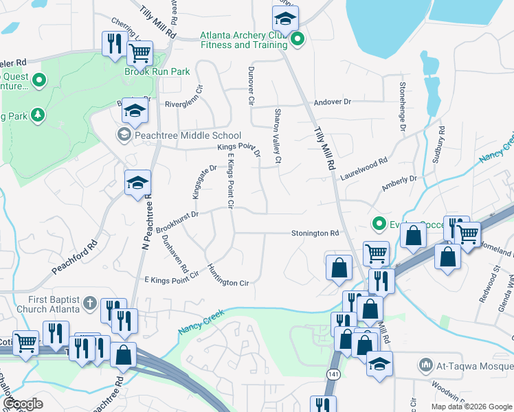 map of restaurants, bars, coffee shops, grocery stores, and more near 2414 Brookhurst Drive in Dunwoody