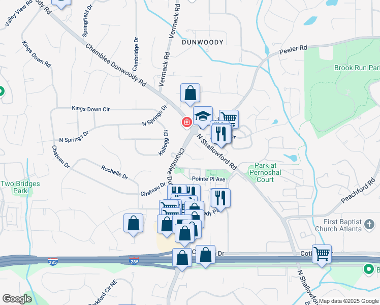 map of restaurants, bars, coffee shops, grocery stores, and more near 4685 Chamblee Dunwoody Road in Dunwoody